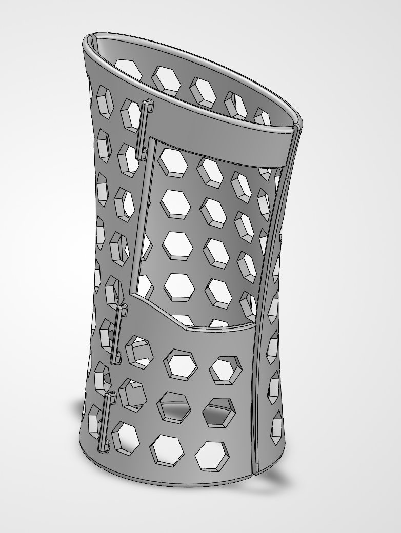 First SolidWorks brace CAD version with ventilation holes and a one-sided opening