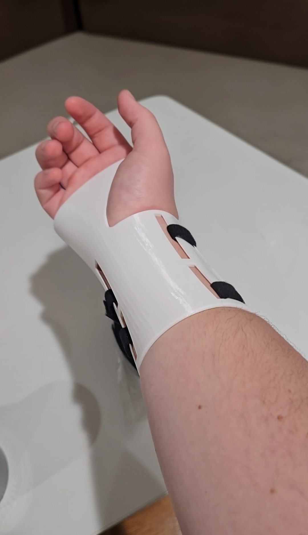 Modern brace prototype fit test with Velcro straps
