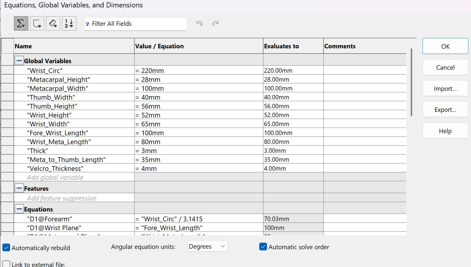 SolidWorks parameter table used to modify brace dimensions before the website